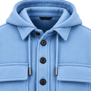 Chaqueta casual con capucha para hombre, color azul claro, con botones frontales, manga larga, con bolsillos en el pecho, para ropa de calle y uso diario. - Product Image 3
