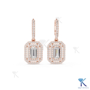 Lab Grown Diamond Emerald Cut Double Halo Drop <b>Earrings</b> Pave <b>Hoop</b> Leverback 18K <b>Solid</b> Gold Classic Fine Women's Wedding Party - Product Image 3