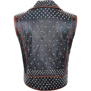 Custom Genuine Leather Studded Biker <b>Vest</b> <b>Mens</b> Punk Style Motorcycle Leather Waistcoat With Asymmetrical Zip Closure - Product Image 3