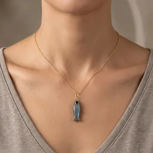 New Arrival Genuine Fire Labradorite Carved <b>Fish</b> Pendant Tiny Black CZ Eye Brass Jewelry 18K Gold Plated Women's Statement Gift - Product Image 2
