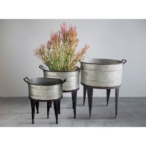 Modern Metal Planter Stand Set With Galvanized Corrugated <b>Pots</b> Durable Anti-Rust Iron Flower <b>Pot</b> <b>Holders</b> For Indoor Living Room - Product Image 2