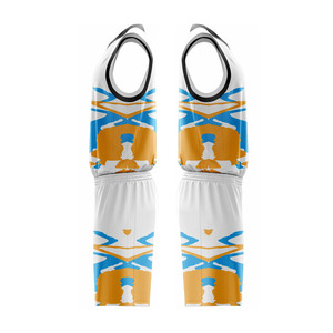 Conjunto de Uniforme de Baloncesto Sublimado Personalizado, Cuello en V, Sin Mangas, Absorbente de Humedad, Jersey y Pantalones Cortos Unisex para Equipo, Blanco, Azul y Dorado - Product Image 2