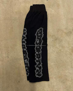 Pantalon de survêtement droit taille haute décontracté pour homme Pantalon de jogging 100% coton en polaire avec strass cristal Pantalon large noir - Product Image 4