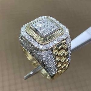 Luxury Men's 18K <b>Gold</b> Plated <b>Cocktail</b> <b>Ring</b> Princess Cut Diamond Pave Setting Geometric Design Everyday Wear - Product Image 2