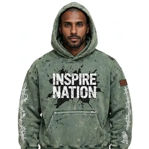 Sweat à capuche vert délavé à l'acide Inspire Nation avec motif craquelé, impression fil barbelé sur la manche, rivets et clous, poche zippée, poids lourd 500G - Product Image 2
