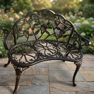 Banc de jardin en métal orné de motifs floraux avec accoudoirs incurvés à motif de roses, meubles décoratifs pour patio extérieur, pelouse, cour - Product Image 1