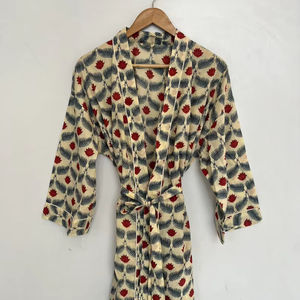 Bata Kimono de Algodón 100% Tejido con Estampado de Bloques y Dibujos Animados Naaz para Mujer, Camisón de Verano Hecho a Mano ODM con Cuello en V y Cintura Elástica Completa - Product Image 1