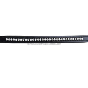 Elegante banda de cejas de caballo de cuero de sillín inglés negro con cristales transparentes brillantes y banda de cejas de canal vacío con incrustaciones de perlas blancas - Product Image 4