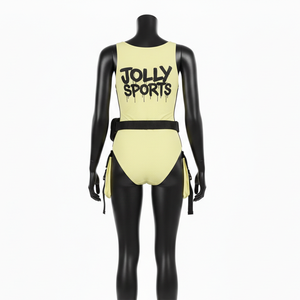 Traje de baño de una pieza premium de nailon y spandex GSM amarillo para mujer, con paneles laterales negros y logotipo personalizado serigrafiado. - Product Image 2