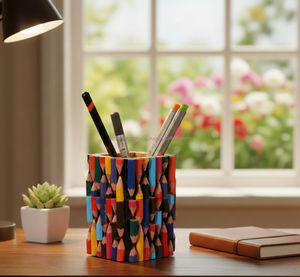 Porte-crayons en bois écologique, boîte de rangement, design Art Déco, multifonctionnel, gain de place, pour bureau, école, fournitures de bureau - Product Image 1