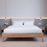 Cama de Madera de Mediados de Siglo con Cabecera Tapizada, Tamaño King, Diseño Moderno y Lujoso, Color Natural, para Uso en Hogar y Hoteles