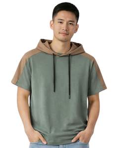 T-shirt à capuche à manches courtes pour homme, pull décontracté à capuche, en coton doux, pour l'été, couleur vert sauge kaki, pour homme, streetwear - Product Image 1