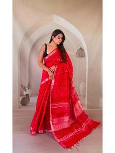 Premium Hand Block Printed Linen <b>Saree</b> with Blouse <b>for</b> <b>Women</b> Natural Color Dye Pure Handmade Indian Textile Chemical Free - Product Image 1