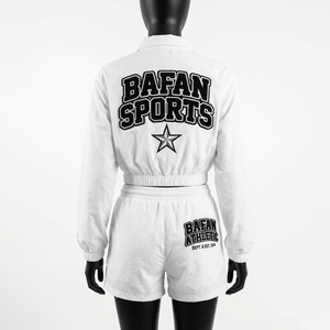 Premium 120 GSM Polyester Taslon Women <b>White</b> Cropped Windbreaker <b>Jacket</b> Short Set Custom Logo - Product Image 4