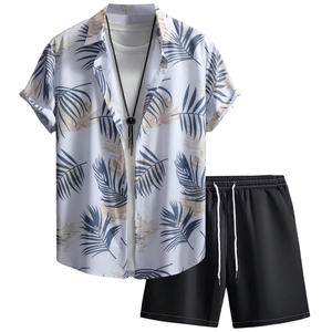 Ensemble de vacances pour hommes : chemise à manches courtes imprimée et short de plage assorti, tenue décontractée estivale colorée et légère, ensemble deux pièces pour hommes - Product Image 1