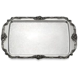 Plateau de service rectangulaire en métal poli fait main avec poignées ornées à motif solide, design élégant pour usage résidentiel - Product Image 1