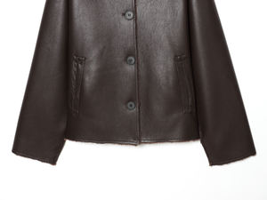 Chaqueta de Cuero PU Marrón con Cuello de Piel Sintética, Cuello Vuelto, Forro de Piel Sintética, Cierre de Botones, Chaquetas de Cuero Casuales de Invierno - Product Image 5