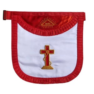 Master Mason Scottish Rite <b>Apron</b> <b>White</b> & Red Moire with <b>White</b> Fringe Lace Three Red Rosette OEM Service - Product Image 3
