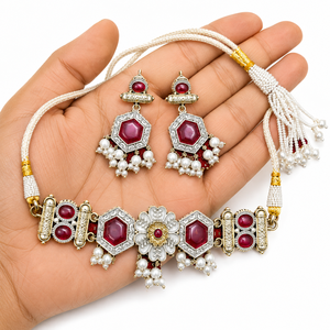 Conjunto de Collar y Pendientes de Flor de Aleación de Zinc Plateado Vintage con Circonita Cúbica Engastada, Joyería de Declaración para Boda de Mujer - Product Image 3