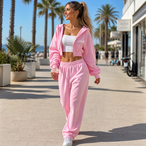 Conjunto Deportivo con Capucha Rosa Personalizado para Mujer, Corte Holgado Informal, Color Sólido, Bolsillos Laterales, Cierre con Cordón, Ropa de Verano - Product Image 4