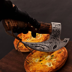 LEGACY BLADES OEM Handmade Carbon Steel Pizza Axe Wooden Handle <b>Etched</b> Blade Kitchen Knife Manufacturer - Product Image 2
