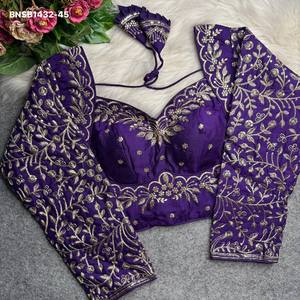 Colección de blusas de seda Vichitra pesada con bordado Zari en toda la prenda y mangas largas acolchadas con cierre trasero, proveedor de la India. - Product Image 6