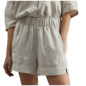 Shorts décontractés pour femmes en lin/coton respirant, couleur unie, taille haute élastique, coupe ample, écologiques, pour l'été - Product Image 1