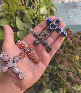 Bohemian Gemstone Cross Pendant Handmade Vintage Brass Antique Silver Plated Spiritual Unisex Necklace Charm Wholesale Bulk - Product Image 4