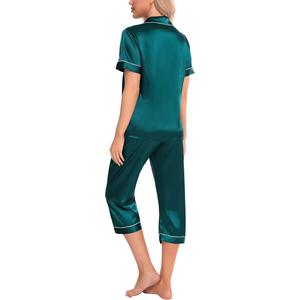 Women's <b>Emerald</b> Green Satin Pajama Set Short Sleeve Button Front Elegant Sleepwear Mid Rise Calf Length Pants Smooth Finish - Product Image 5