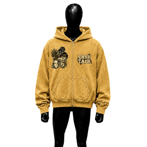 Sudadera con capucha y cremallera completa Gold Cash Talk con estampado de dados de dinero, estilo urbano, vintage, oversize, texturizada - Product Image 1