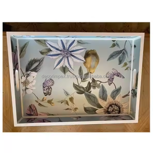 Bandeja de madera impresa de diseñador floral hecha a mano, compra de suministros de catering de madera decorativos para servir comida - Product Image 1