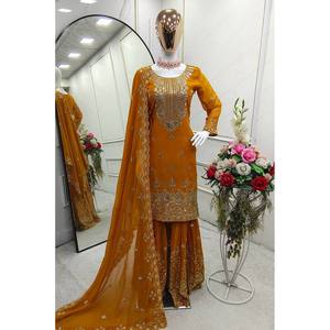 Elegantes Vestidos de Noche Amarillos para Fiesta, Top con Sarara y Dupatta Elegante, Talla L - Product Image 5