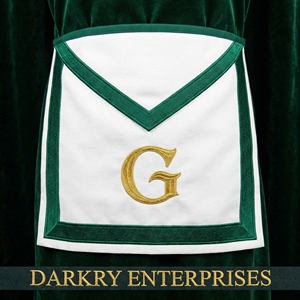 Tablier maçonnique personnalisé en toile de coton blanc avec bordure en ruban vert et symbole G brodé or, pour officier de loge maçonnique - Product Image 1