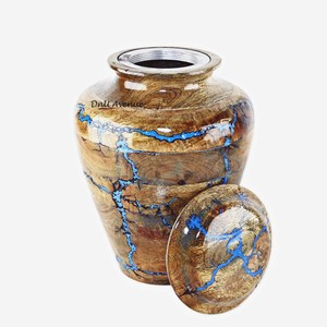 Urne funéraire en bois pour cendres humaines, récipient commémoratif avec finition craquelée bleue pour adultes - Product Image 2