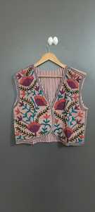 <b>Women's</b> <b>Pink</b> Embroidered Floral V-neck Vest Bohemian Style Handmade Eco-friendly Vintage Winter <b>Waistcoat</b> Outerwear - Product Image 4