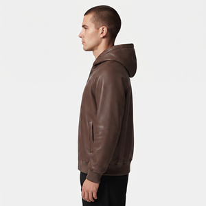 Sweat à capuche en cuir pour homme, style streetwear, en cuir véritable, à manches longues, pour garçons - Product Image 3