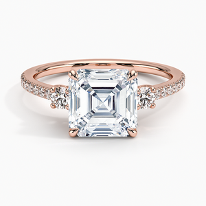 Bague de fiançailles en or jaune avec diamant taille Asscher, design trois pierres, diamant de laboratoire certifié IGI, bague de mariage pour femme - Product Image 3