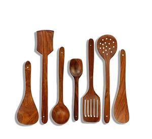Juego de cucharas de madera de teca premium con espátula, cuchara para servir, volteador y cuchara para mezclar, utensilios de cocina. - Product Image 1