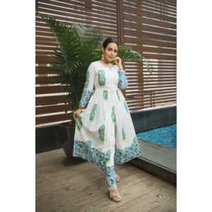 Conjunto de Kurta para Mujer, Transpirable, de Algodón/Fibra de Bambú, Estampado a Mano, Talla XS, Color Blanco - Product Image 4