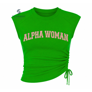 Alpha | Kapa | Alpha Sorority Women's Bling Rhinestone Ribbed Tank <b>Top</b> Ruched Side Crew Neck <b>Raglan</b> Cap Sleeve Casual Crop <b>Top</b> - Product Image 1
