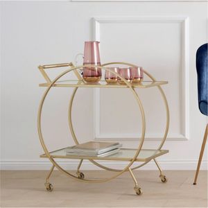 Stylish Gold Finish Iron Bar <b>Trolley</b> with Glass Shelves Rolling <b>Serving</b> Cart Home Kitchen Dining Beverage Organizer and Display - Product Image 5