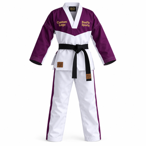 Uniforme de Taekwondo Dobok Bordado Personalizado, Unisex, Cuello en V, Traje de Entrenamiento de Artes Marciales con Chaqueta de Dos Tonos y Pantalones Largos - Product Image 1