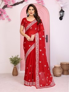 Luxury <b>Red</b> Georgette <b>Saree</b> Silver Embroidery Border Women Party Wear Designer Indian Blouse Wedding Collection Stretchable - Product Image 4