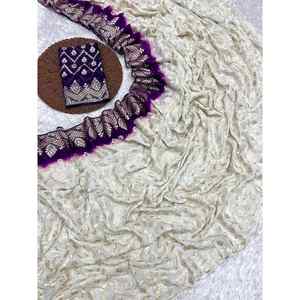ATRACTIVA VISCOSA GEORGETTE ZARI JACQUARD FRONTERA TRABAJO SAREE CON BLUSA DESCOSTADA MORADO - Product Image 1