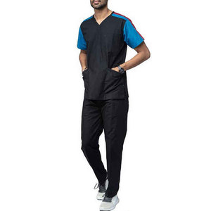 Ensemble de blouses médicales noires pour hommes avec accents bleus et rouges, en coton et polyester tricoté, pantalon d'uniforme hospitalier inclus, qualité supérieure élégante - Product Image 1