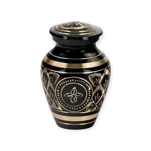 Urne funéraire noire et or ornée avec motif floral circulaire pour un hommage commémoratif traditionnel - Product Image 1