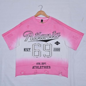 Pink Gradient Crop <b>T</b>-<b>Shirt</b> Women Oversized Short Sleeves Crew Neck Hole Decorated Soft Breathable Jersey Loose Fit Spring Summer - Product Image 1