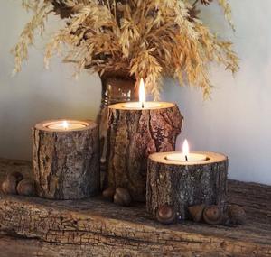 Juego de 3 Portavelas Rústicos de Madera con Diseño de Corteza, Regalos de Navidad, Portavelas para Velas de Té, Vajilla, Portavelas al Mejor Precio - Product Image 1