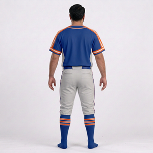 Ensemble uniforme de baseball pour hommes, maillot rayé bleu et orange, pantalon, manches courtes, fermeture à boutons, tissu en maille respirant - Product Image 2