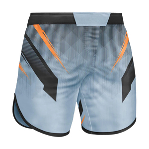 Shorts MMA bleu clair pour femmes avec imprimé noir et orange, évacuation de l'humidité, séchage rapide, légers, respirants, en polyester, coupe athlétique - Product Image 6